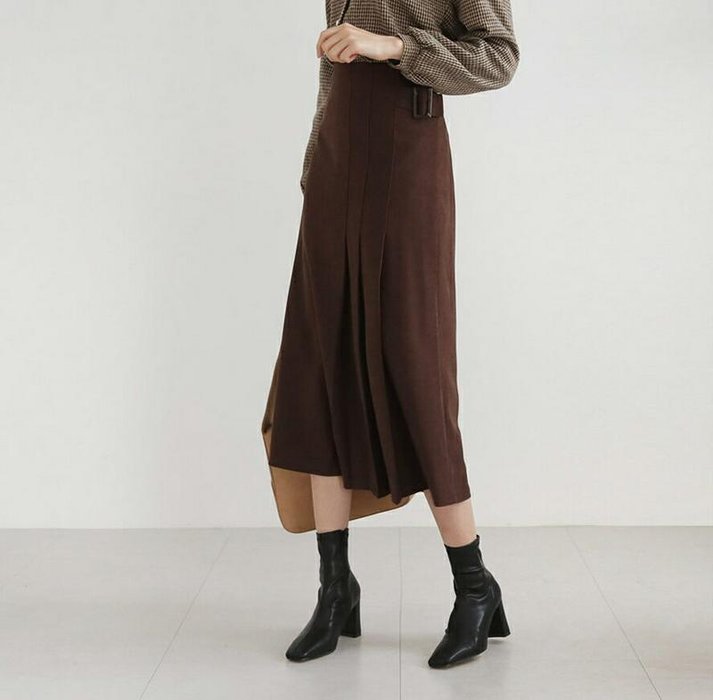 ベルトタックスカート・全3色・t61095 レディース【sk】【韓国 ファッション ボトムス スカート ロング丈 ロングスカート タック タックスカート バックゴム ベルト シンプル カジュアル スリム 単色 大人 秋 冬】