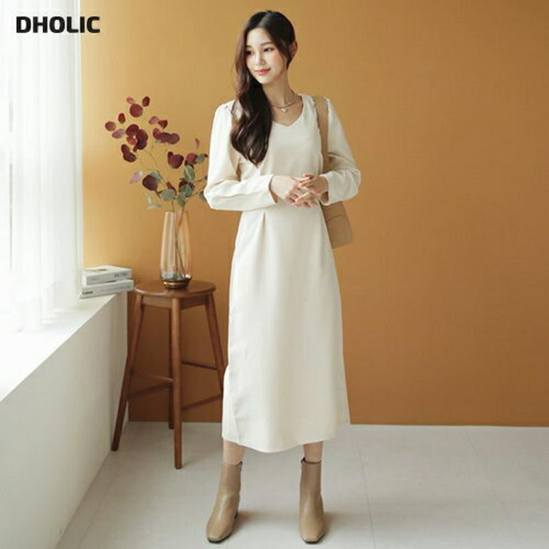 Vネックタックワンピース・全3色・t61074 レディース【ops】【韓国 ファッション ワンピース ロングワンピース 長袖 ロングスリーブ Vネック 鎖骨 デコルテ タック リボン スリム シンプル 単色 無地 大人 フェミニン 秋 冬】