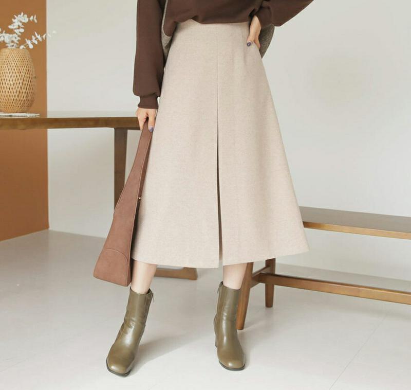 フロントタックスカート・全3色・t61093 レディース【sk】【韓国 ファッション ボトムス スカート ロング丈 ロングスカート タック バックゴム Aライン Aラインスカート シンプル 単色 無地 大人 秋 冬】