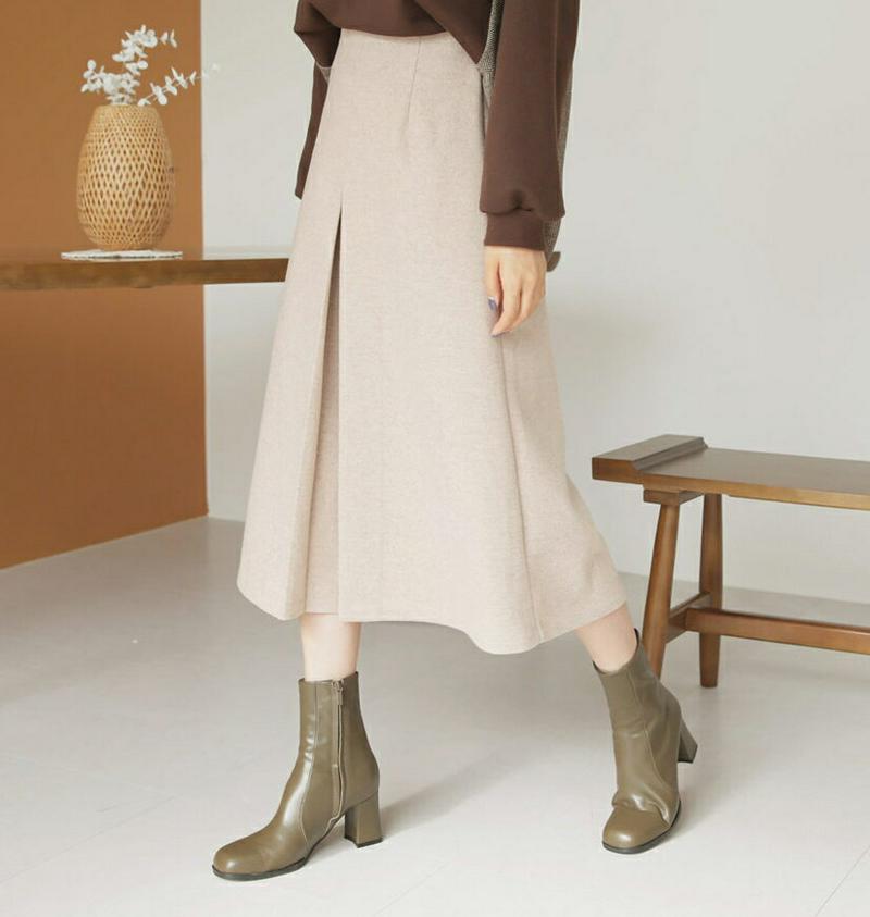 フロントタックスカート・全3色・t61093 レディース【sk】【韓国 ファッション ボトムス スカート ロング丈 ロングスカート タック バックゴム Aライン Aラインスカート シンプル 単色 無地 大人 秋 冬】