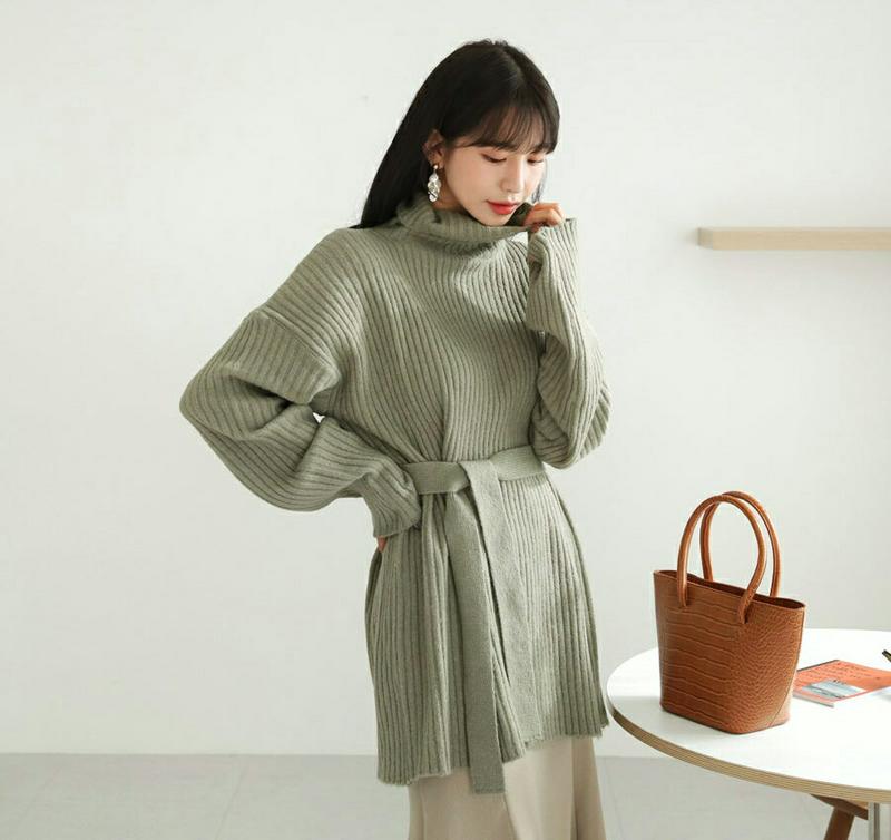 【新作10%OFF】ストラップ付リブタートルネックニット・全4色・t61085 レディース【tops】【韓国 ファッション トップス ニット ニットトップス ロングスリーブ 長袖 タートルネック リブ リブニット ストラップ シンプル カジュアル ゆったり オーバーサイズ 秋 冬】