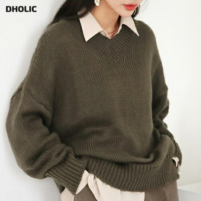 【新作10%OFF】Vネックルーズニット・全4色・t61086 レディース【tops】【韓国 ファッション トップス ニット ニットトップス ロングスリーブ 長袖 Vネック 鎖骨 デコルテ リブ スリット アンバランス丈 ルーズ シンプル ゆったり カジュアル オーバーサイズ 秋 冬】