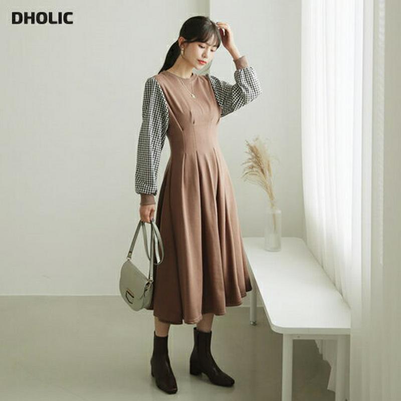 裏起毛チェックスリーブワンピース・全2色・b61075 レディース【ops】【韓国 ファッション ワンピース 長袖 ロングスリーブ ラウンドネック チェック柄 異素材 ギンガムチェック 裏起毛 タック フレア コントラスト カジュアル 秋 冬】