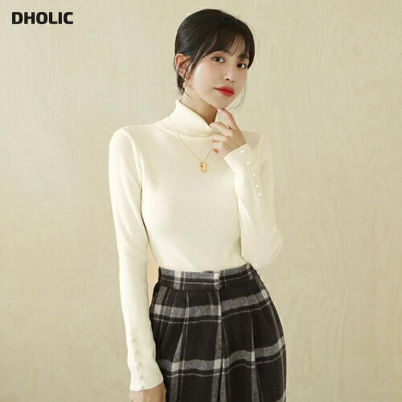 パールボタンニット・全5色・b61084 レディース【tops】【韓国 ファッション トップス ニット ニットトップス ロングスリーブ 長袖 タートルネック シンプル 単色 無地 パール ボタン スリム カジュアル 上品 大人 秋 冬】