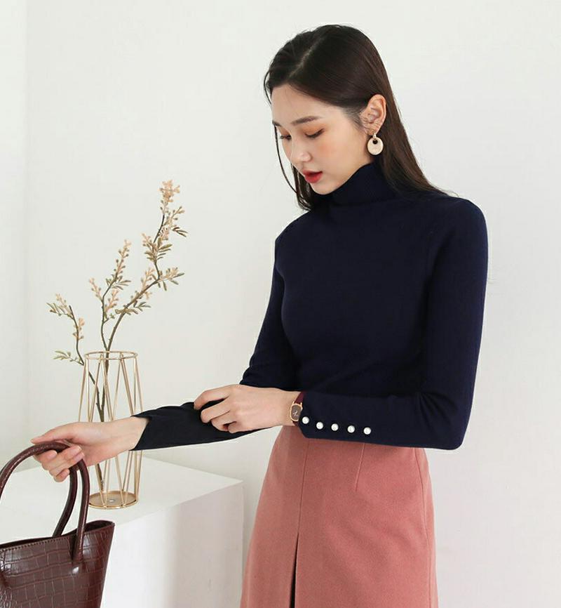 パールボタンニット・全5色・b61084 レディース【tops】【韓国 ファッション トップス ニット ニットトップス ロングスリーブ 長袖 タートルネック シンプル 単色 無地 パール ボタン スリム カジュアル 上品 大人 秋 冬】