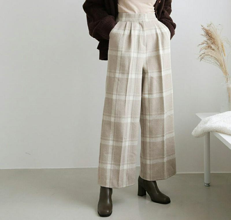 【新作10%OFF】ソフトチェックスラックス・全4色・t61097 レディース【pt】【韓国 ファッション ボトムス ズボン パンツ ロングパンツ ワイドパンツ スラックス ワイドスラックス チェック柄 バックゴム ソフト カジュアル 大人 上品 秋 冬】