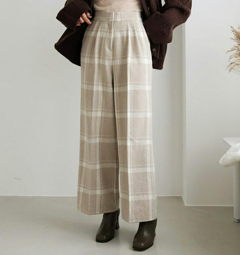 【新作10%OFF】ソフトチェックスラックス・全4色・t61097 レディース【pt】【韓国 ファッション ボトムス ズボン パンツ ロングパンツ ワイドパンツ スラックス ワイドスラックス チェック柄 バックゴム ソフト カジュアル 大人 上品 秋 冬】