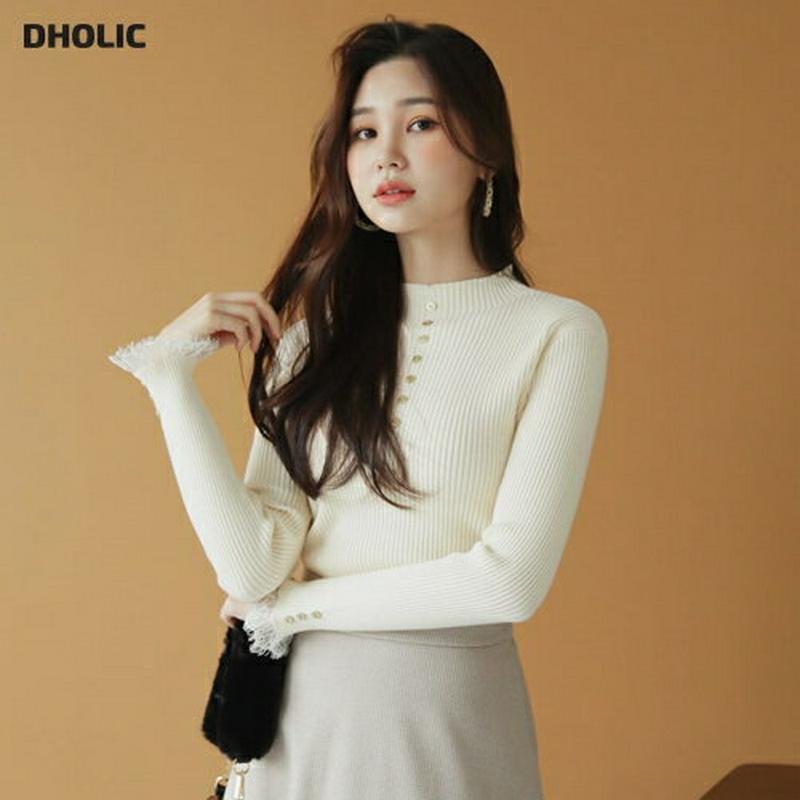 【新作10%OFF】リブボタンハーフネックニット・全2色・e61089 レディース【tops】【韓国 ファッション トップス ニット ニットトップス ロングスリーブ 長袖 ハーフネック リブ リブニット レース ボタン シンプル スリム 大人 フェミニン 秋 冬】