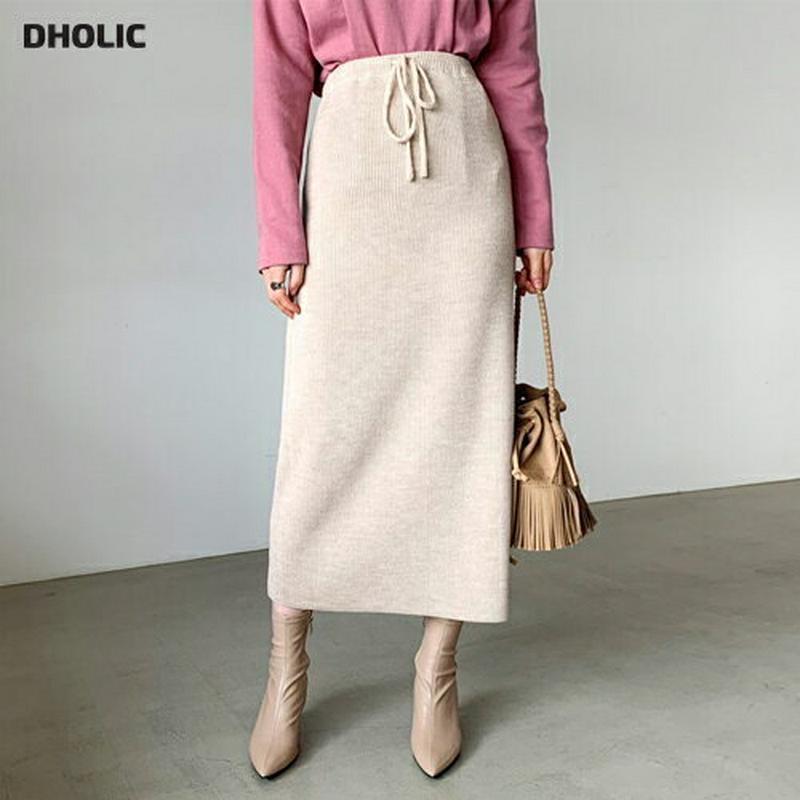 【新作10%OFF】リブストリングスカート・全3色・t65225 レディース【sk】【韓国 ファッション ボトムス スカート ロング丈 ロングスカート ニットスカート Hライン リブ ストリング スリム シンプル カジュアル ラフ 秋 冬】【ハイホリHIHOLLI】