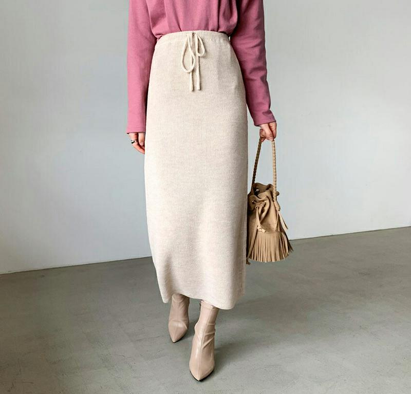 【新作10%OFF】リブストリングスカート・全3色・t65225 レディース【sk】【韓国 ファッション ボトムス スカート ロング丈 ロングスカート ニットスカート Hライン リブ ストリング スリム シンプル カジュアル ラフ 秋 冬】【ハイホリHIHOLLI】