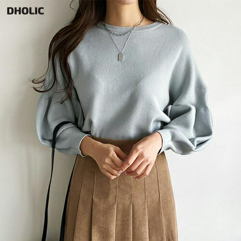 【只今10%OFF】パフスリーブニット・全4色・b65204 レディース【tops】【韓国 ファッション トップス ニット ニットトップス パフスリーブ 長袖 ドロップショルダー ボリューム袖 ラウンドネック タック シンプル 単色 無地 カジュアル ラフ 秋 冬】【ハイホリHIHOLLI】