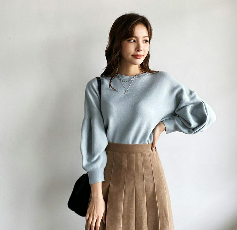 【只今10%OFF】パフスリーブニット・全4色・b65204 レディース【tops】【韓国 ファッション トップス ニット ニットトップス パフスリーブ 長袖 ドロップショルダー ボリューム袖 ラウンドネック タック シンプル 単色 無地 カジュアル ラフ 秋 冬】【ハイホリHIHOLLI】