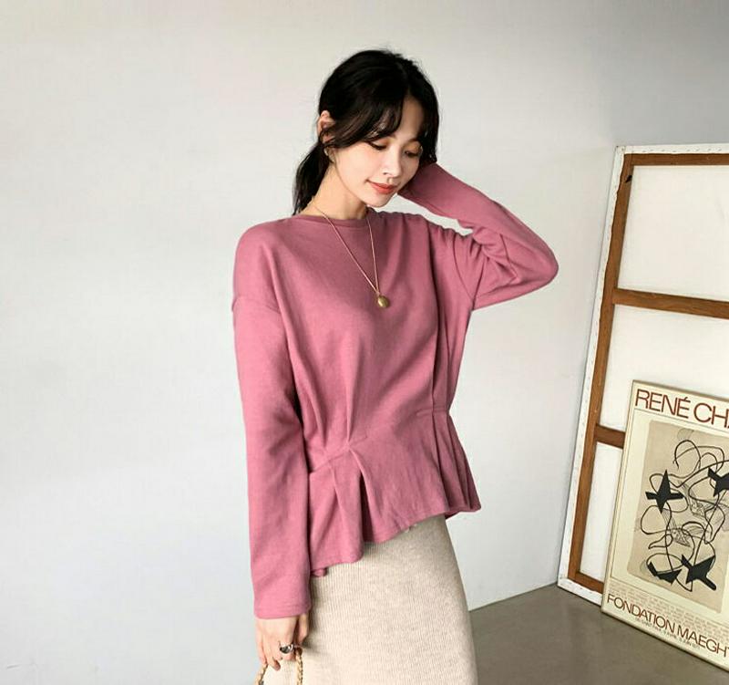 【新作10%OFF】フロントタックTシャツ・全4色・t65259 レディース【tops】【韓国 ファッション トップス Tシャツ ロングスリーブ 長袖 ラウンドネック タック アンバランス丈 シンプル カジュアル 単色 無地 大人 春 秋 冬】【ハイホリHIHOLLI】