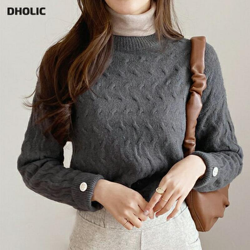 【新作10%OFF】レースヘムウェーブニット・全4色・b65248 レディース【tops】【韓国 ファッション トップス ニット ニットトップス ロングスリーブ 長袖 ラウンドネック レース レースヘム ウェーブ ボタン シンプル カジュアル 大人 上品 秋 冬】【ハイホリHIHOLLI】