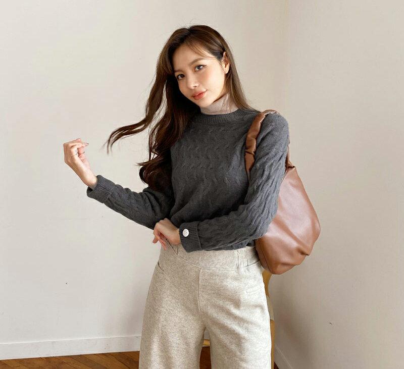 【新作10%OFF】レースヘムウェーブニット・全4色・b65248 レディース【tops】【韓国 ファッション トップス ニット ニットトップス ロングスリーブ 長袖 ラウンドネック レース レースヘム ウェーブ ボタン シンプル カジュアル 大人 上品 秋 冬】【ハイホリHIHOLLI】