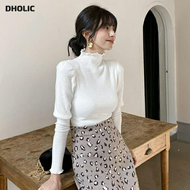 【新作10%OFF】ウェーブパフTシャツ・全3色・b61714 レディース【tops】【韓国 ファッション トップス Tシャツ パフスリーブ 長袖 ハーフネック ウェーブ スリム リブ 肩パッド シンプル 単色 無地 大人 フェミニン 秋 冬】