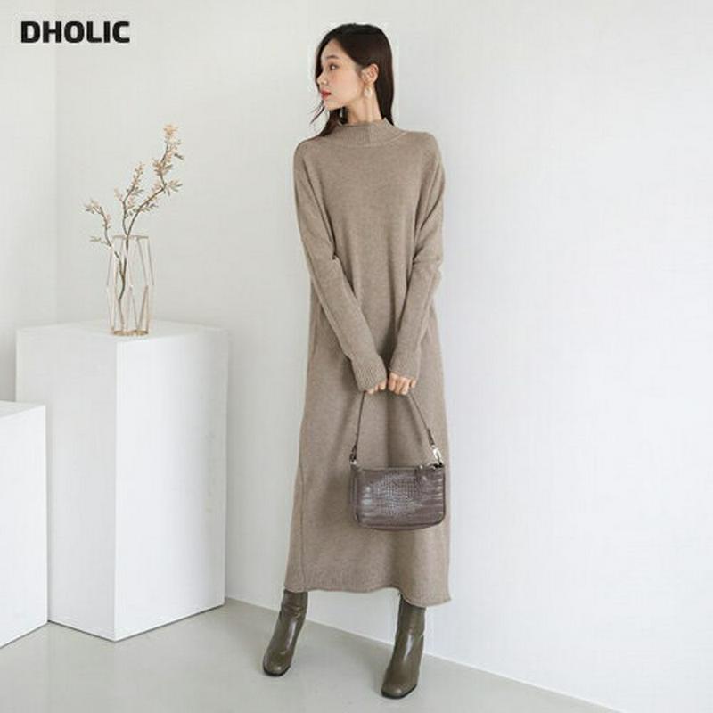 ロールニットワンピース・全3色・b61076 レディース【ops】【韓国 ファッション ワンピース ロングワンピース ニットワンピース 長袖 ロングスリーブ ハーフネック ルーズ Hライン ロールヘム 単色 無地 カジュアル ベーシック ゆったり 秋 冬】