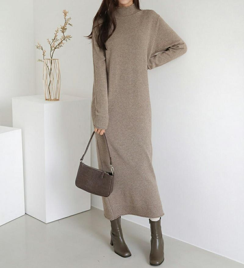 ロールニットワンピース・全3色・b61076 レディース【ops】【韓国 ファッション ワンピース ロングワンピース ニットワンピース 長袖 ロングスリーブ ハーフネック ルーズ Hライン ロールヘム 単色 無地 カジュアル ベーシック ゆったり 秋 冬】