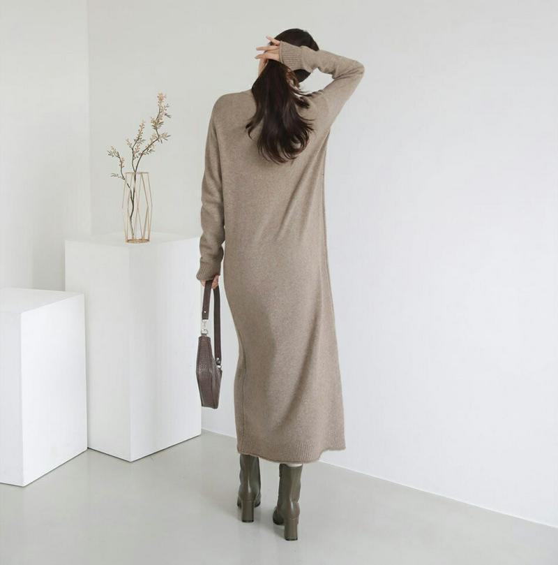 ロールニットワンピース・全3色・b61076 レディース【ops】【韓国 ファッション ワンピース ロングワンピース ニットワンピース 長袖 ロングスリーブ ハーフネック ルーズ Hライン ロールヘム 単色 無地 カジュアル ベーシック ゆったり 秋 冬】