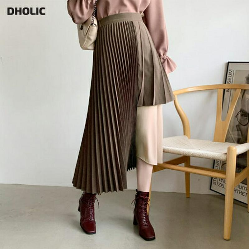 アシメプリーツスカート・全2色・b65257 レディース【sk】【韓国 ファッション ボトムス スカート ロング丈 ロングスカート アシメ プリーツ プリーツスカート 左右非対称 バックゴム 配色 ユニーク 大人 上品 秋 冬】【ハイホリHIHOLLI】