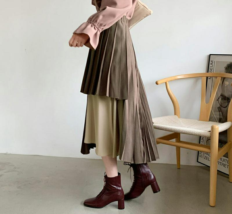 アシメプリーツスカート・全2色・b65257 レディース【sk】【韓国 ファッション ボトムス スカート ロング丈 ロングスカート アシメ プリーツ プリーツスカート 左右非対称 バックゴム 配色 ユニーク 大人 上品 秋 冬】【ハイホリHIHOLLI】