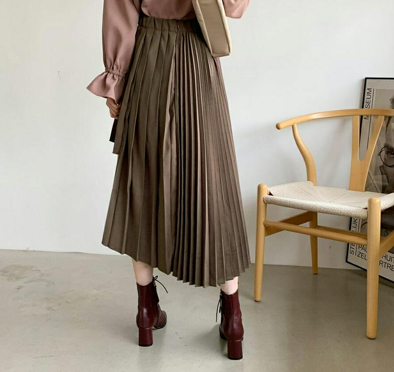 アシメプリーツスカート・全2色・b65257 レディース【sk】【韓国 ファッション ボトムス スカート ロング丈 ロングスカート アシメ プリーツ プリーツスカート 左右非対称 バックゴム 配色 ユニーク 大人 上品 秋 冬】【ハイホリHIHOLLI】