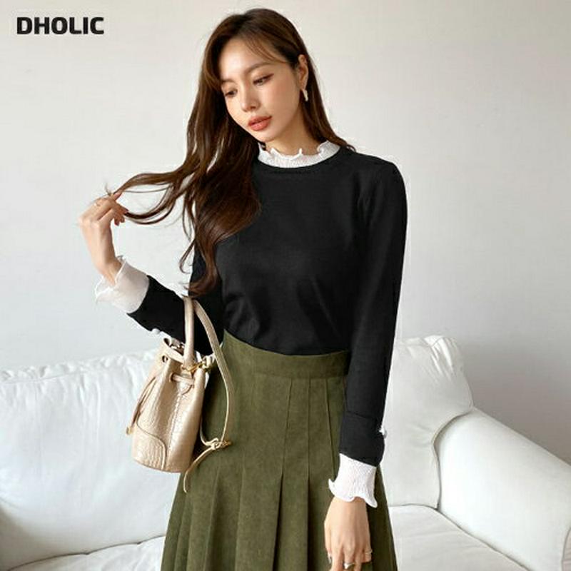 レースフリルネックニット・全2色・b65250 レディース【tops】【韓国 ファッション トップス ニット ニットトップス ロングスリーブ 長袖 ラウンドネック レース フリル プリーツ 配色 シンプル 大人 上品 フェミニン 秋 冬】【ハイホリHIHOLLI】