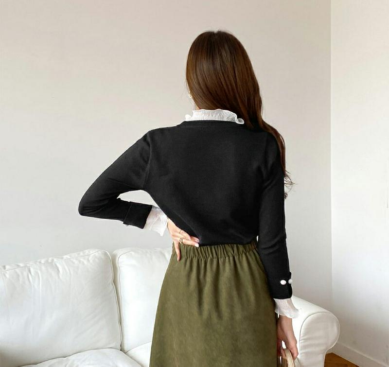 レースフリルネックニット・全2色・b65250 レディース【tops】【韓国 ファッション トップス ニット ニットトップス ロングスリーブ 長袖 ラウンドネック レース フリル プリーツ 配色 シンプル 大人 上品 フェミニン 秋 冬】【ハイホリHIHOLLI】