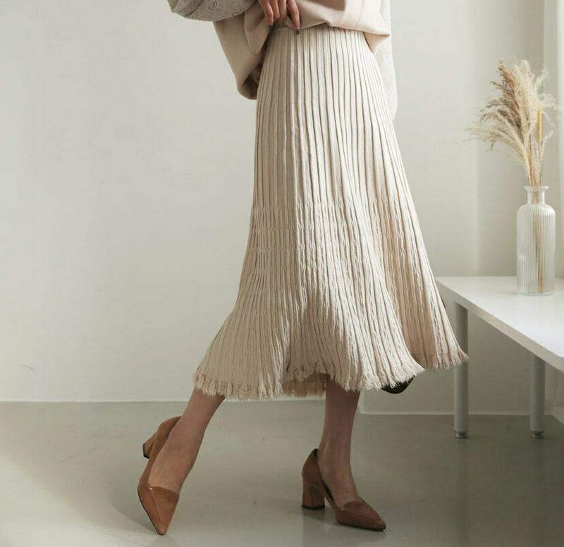リブフリンジヘムスカート・全3色・b61094 レディース【sk】【韓国 ファッション ボトムス スカート ロング丈 ロングスカート フレア フレアスカート ニットスカート リブ フリンジ ウエストゴム シンプル 大人 秋 冬】