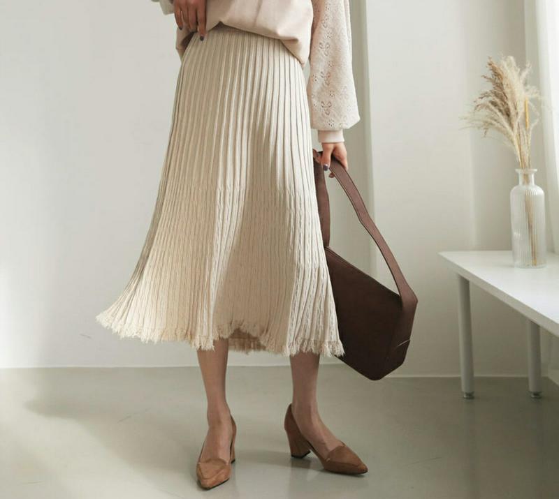 リブフリンジヘムスカート・全3色・b61094 レディース【sk】【韓国 ファッション ボトムス スカート ロング丈 ロングスカート フレア フレアスカート ニットスカート リブ フリンジ ウエストゴム シンプル 大人 秋 冬】
