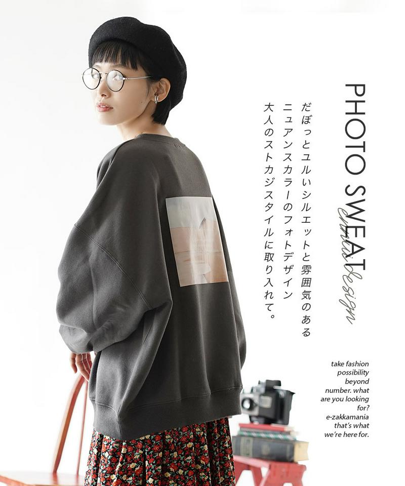 スウェット / 着るだけ暖かい 裏起毛 トレーナー フォトプリント。 レディース トップス カットソー プルオーバー 長袖 大きいサイズ 綿混 コットン混 ロゴ ◆裏起毛 ガレージフォトプリント ルーズスウェット