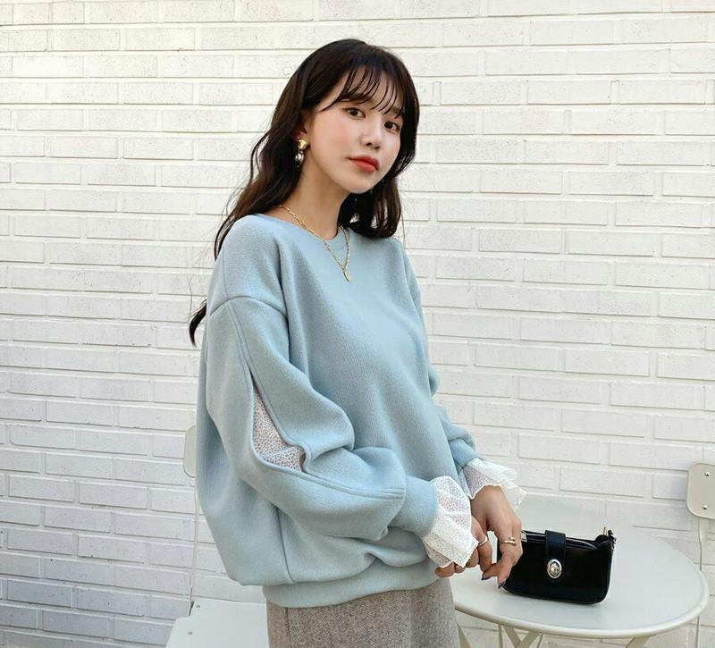 【新作10%OFF】起毛スリットレースTシャツ・全3色・t56253 レディース【tops】【韓国 ファッション トップス Tシャツ 長袖 ロングスリーブ ラウンドネック スリット 配色 レース 起毛 シンプル カジュアル 透け感 シアー ゆったり かわいい 秋 冬】