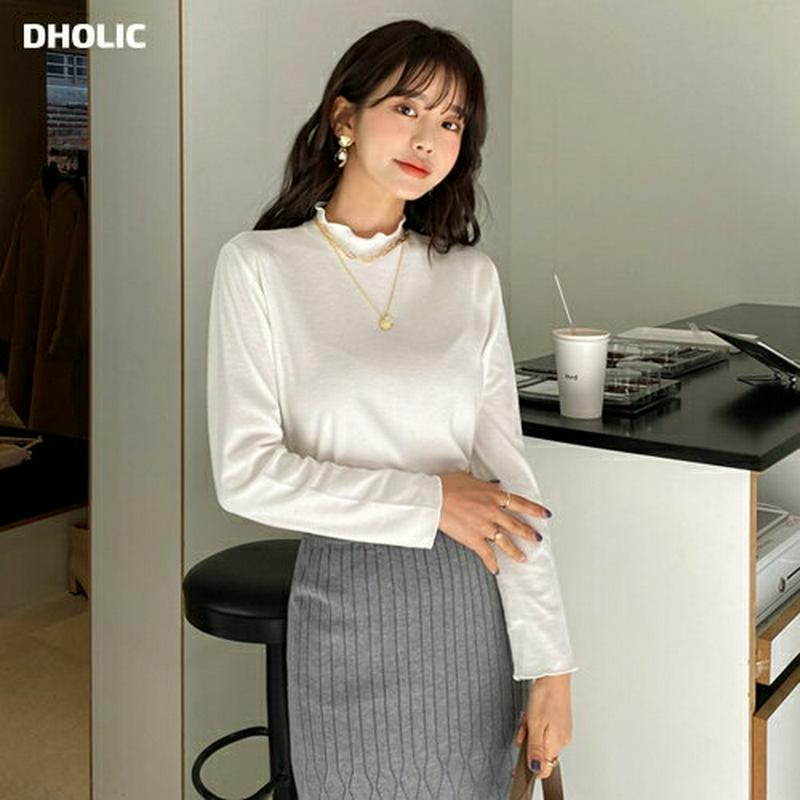 【新作10%OFF】ハーフネック起毛Tシャツ・全4色・b56248 レディース【tops】【韓国 ファッション トップス Tシャツ ロングスリーブ 長袖 ハーフネック 起毛 ウェーブ ウェーブヘム シンプル 単色 無地 カジュアル ベーシック ラフ 秋 冬】