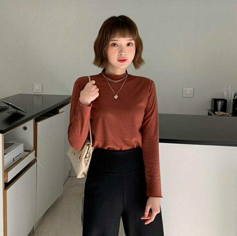 【新作10%OFF】ハーフネック起毛Tシャツ・全4色・b56248 レディース【tops】【韓国 ファッション トップス Tシャツ ロングスリーブ 長袖 ハーフネック 起毛 ウェーブ ウェーブヘム シンプル 単色 無地 カジュアル ベーシック ラフ 秋 冬】