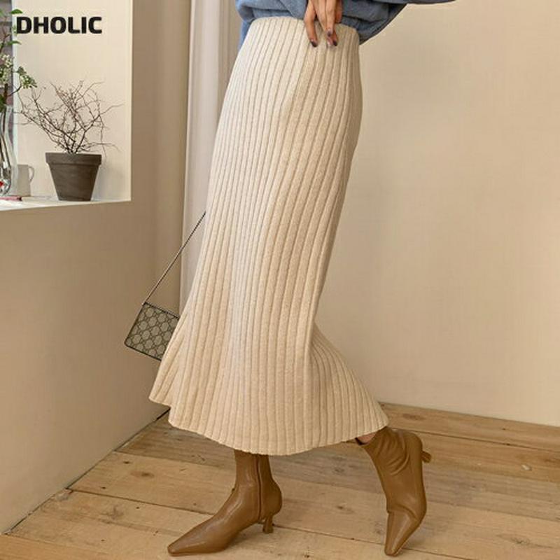 リブニットスカート・全4色・t64491 レディース【sk】 韓国ファッション ボトムス スカート ロング丈 ロングスカート ニットスカート Hライン スリット リブ ウール混 シンプル カジュアル 大人 秋 冬