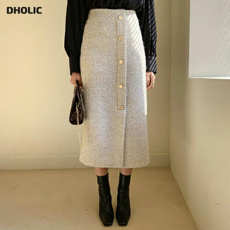 【只今10%OFF】ツイードボタンスカート・全2色・t64515 レディース【sk】【韓国 ファッション ボトムス スカート ロング丈 ロングスカート ツイード ボタン バックゴム スリム シンプル 大人 上品 フェミニン 高級感 秋 冬】