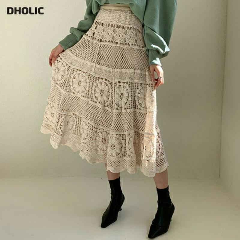 【只今10%OFF】レースニットスカート・全2色・t64516 レディース【sk】【韓国 ファッション ボトムス スカート ロング丈 ロングスカート ニットスカート レース レースニット フレア 揺れ感 大人 上品 ガーリー 透け感 秋 冬】