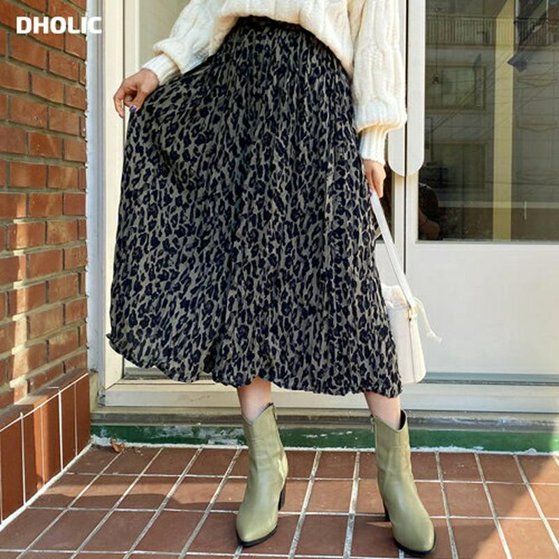 【只今10%OFF】レオパードリンクルスカート・全2色・t64517 レディース【sk】【韓国 ファッション ボトムス スカート ロング丈 ロングスカート リンクル シワ レオパード柄 ヒョウ柄 ウエストゴム 楽ちん ゆったり 体型カバー 大人 秋 冬】