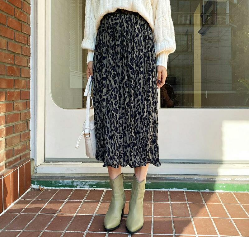 【只今10%OFF】レオパードリンクルスカート・全2色・t64517 レディース【sk】【韓国 ファッション ボトムス スカート ロング丈 ロングスカート リンクル シワ レオパード柄 ヒョウ柄 ウエストゴム 楽ちん ゆったり 体型カバー 大人 秋 冬】