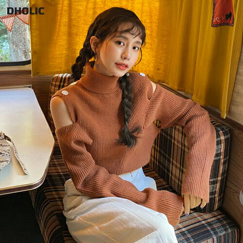 【只今15%OFF】ボタンオープンショルダーニット・全3色・t64497 レディース【tops】【韓国 ファッション トップス ニット ニットトップス 長袖 ロングスリーブ タートルネック オープンショルダー 肩 ボタン リブ リブニット シンプル ゆったり 大人 秋 冬】