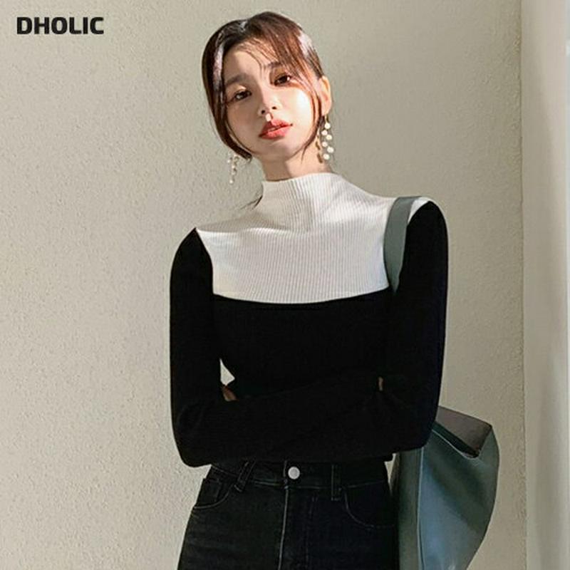 バイカラーハイネックニット・全2色・b64484 レディース【tops】【韓国 ファッション トップス ニット ニットトップス ロングスリーブ 長袖 ハイネック バイカラー 配色 リブ リブニット スリム シンプル カジュアル 大人 秋 冬】