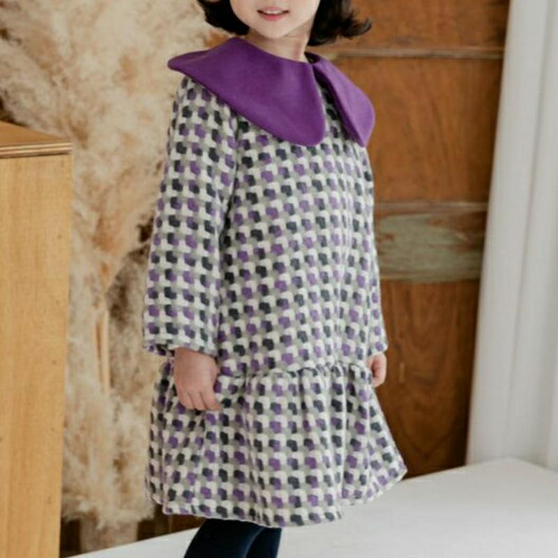 【キッズ20%OFF】ビッグカラーワンピース(junior)・u09133 キッズ【9~17才】【ops】【ワンピース ミディ丈 ミディワンピース ビッグカラー 襟コンシャス 総柄 かわいい 可愛い 女の子 秋 冬 韓国 韓国子供服 子供 こども 子供服 こども服】【KIDS】