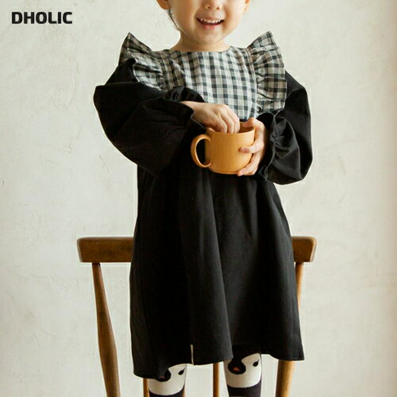 チェックカラーワンピース・p009222 キッズ【3~8才】【ops】【ワンピース ロング ロングワンピース 長袖 チェック柄 襟コンシャス 可愛い かわいい ガーリー 女の子 秋 冬 韓国 韓国子供服 子供 こども 子供服 こども服】【KIDS】