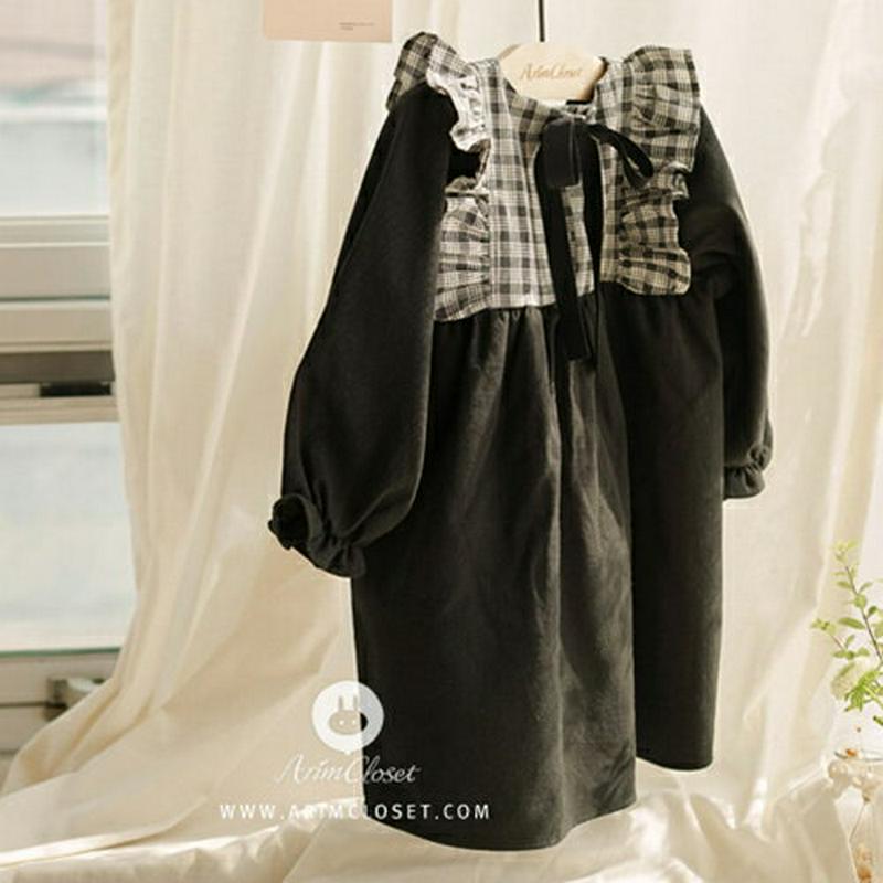 チェックカラーワンピース・p009222 キッズ【3~8才】【ops】【ワンピース ロング ロングワンピース 長袖 チェック柄 襟コンシャス 可愛い かわいい ガーリー 女の子 秋 冬 韓国 韓国子供服 子供 こども 子供服 こども服】【KIDS】