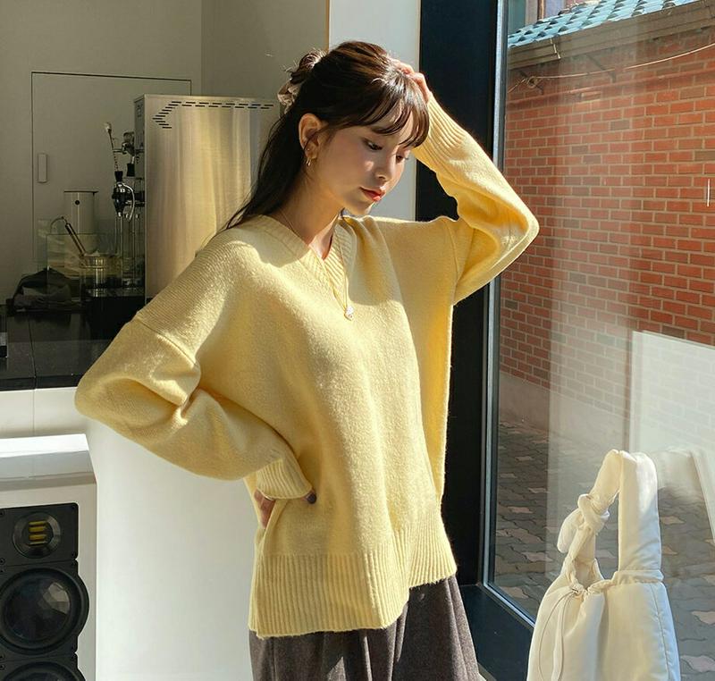 【只今15%OFF】リブヘムVネックニット・全4色・t56256 レディース【tops】【韓国 ファッション トップス ニット ニットトップス ロングスリーブ 長袖 Vネック 鎖骨 デコルテ リブ シンプル 単色 無地 カジュアル ベーシック ゆったり ラフ 秋 冬】