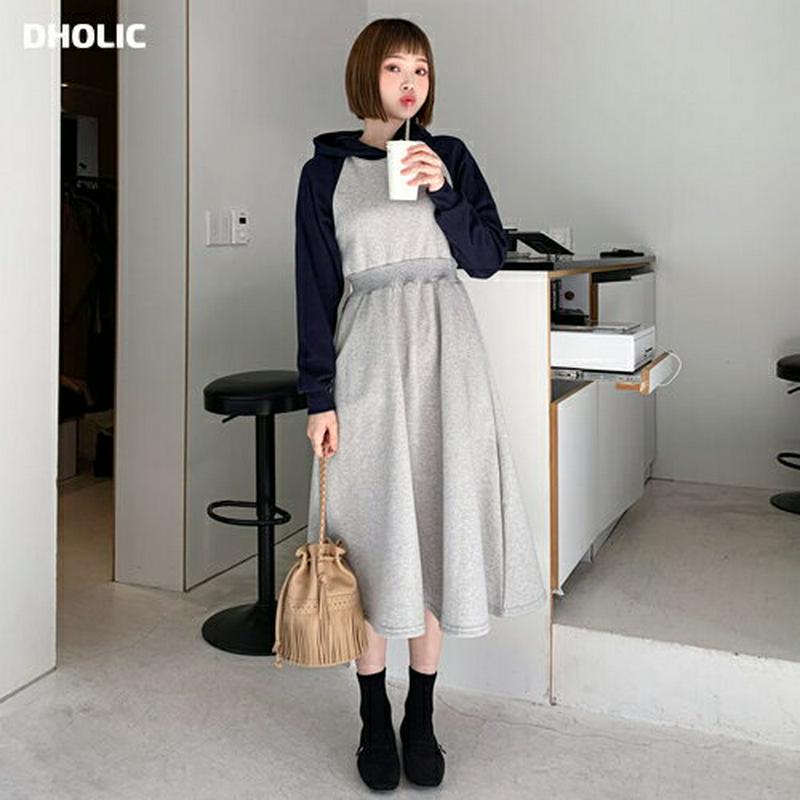 【只今10%OFF】裏起毛フードラグランワンピース・全2色・t56265 レディース【ops】【韓国 ファッション ワンピース ロングワンピース スウェットワンピース パーカーワンピース フード付き 長袖 ラグランスリーブ 裏起毛 配色 カジュアル ラフ 秋 冬】