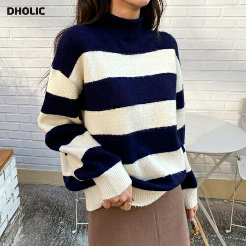 【只今10%OFF】ボーダーハイネックニット・全5色・b56325 レディース【tops】【韓国 ファッション トップス ニット ニットトップス ロングスリーブ 長袖 ハイネック ワイド ボーダー柄 配色 シンプル カジュアル ゆったり ラフ 秋 冬】