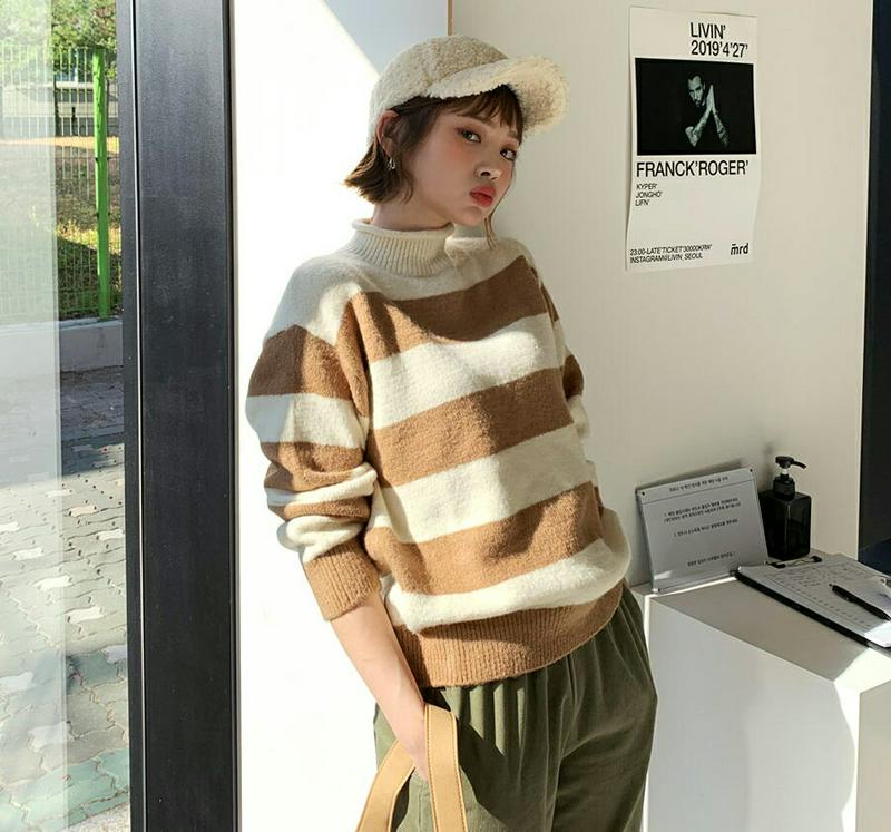 【只今10%OFF】ボーダーハイネックニット・全5色・b56325 レディース【tops】【韓国 ファッション トップス ニット ニットトップス ロングスリーブ 長袖 ハイネック ワイド ボーダー柄 配色 シンプル カジュアル ゆったり ラフ 秋 冬】
