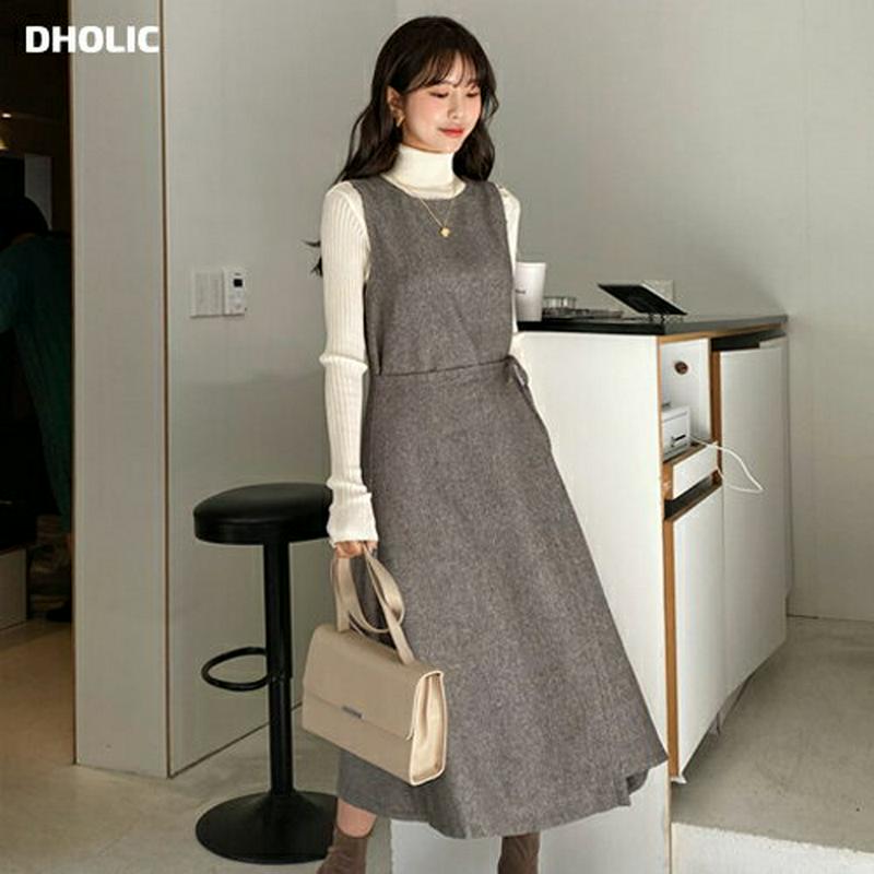 【只今10%OFF】ヘリンボーンラップワンピース・全2色・t56263 レディース【ops】【韓国 ファッション ワンピース ロングワンピース ラップワンピース スリーブレス ラウンドネック ヘリンボーン リボン シンプル シック 大人 上品 秋 冬】