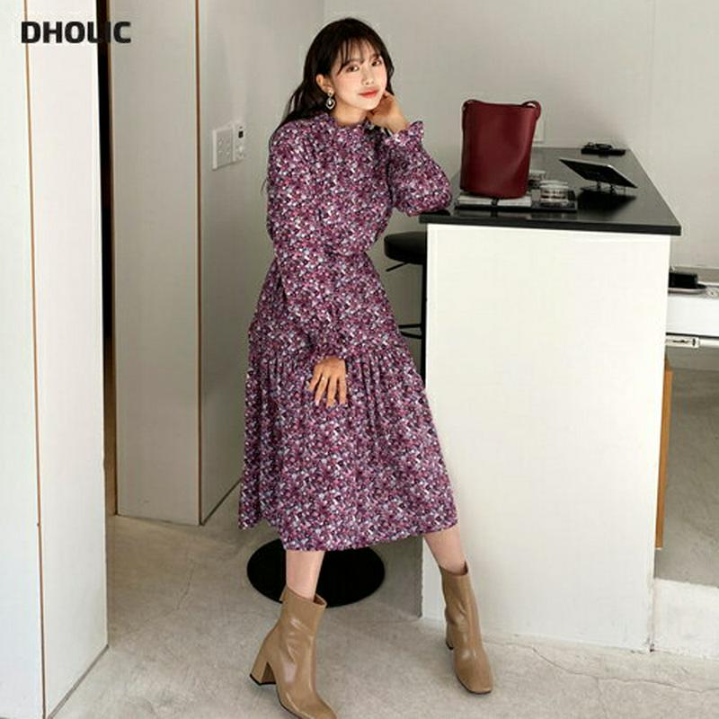 【只今15%OFF】ストラップ付裏起毛花柄ワンピース・全2色・b56264 レディース【ops】【韓国 ファッション ワンピース ロングワンピース 長袖 ロングスリーブ ハーフネック フリル シャーリング 花柄 裏起毛 ストラップ ルーズ ゆったり 大人 上品 秋 冬】